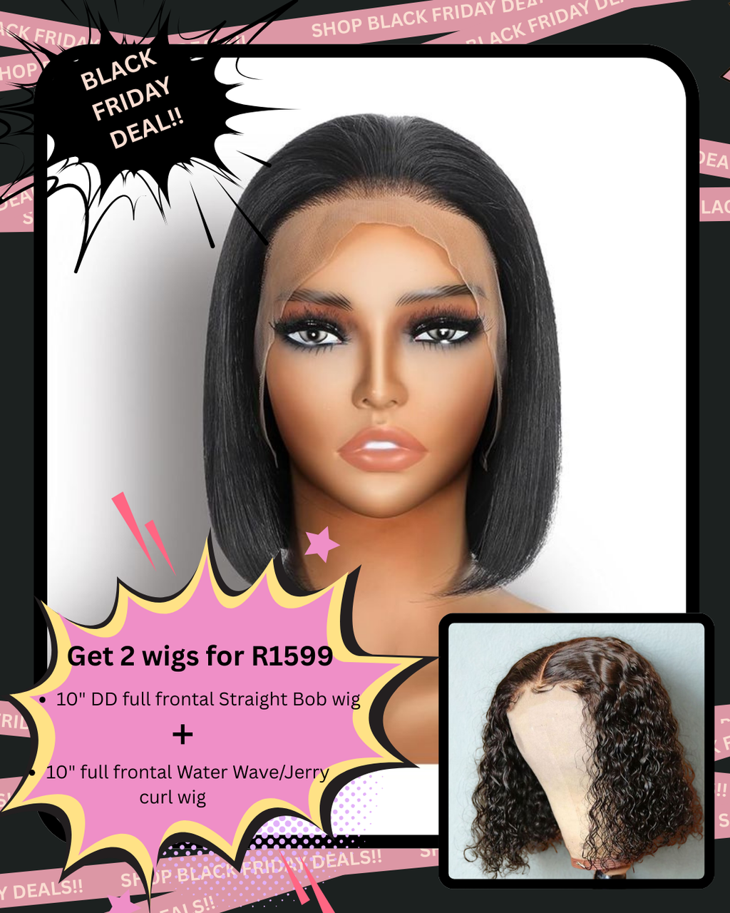 BF- 10" DD Straight Bob Wig + 10"Water Wave bob wig