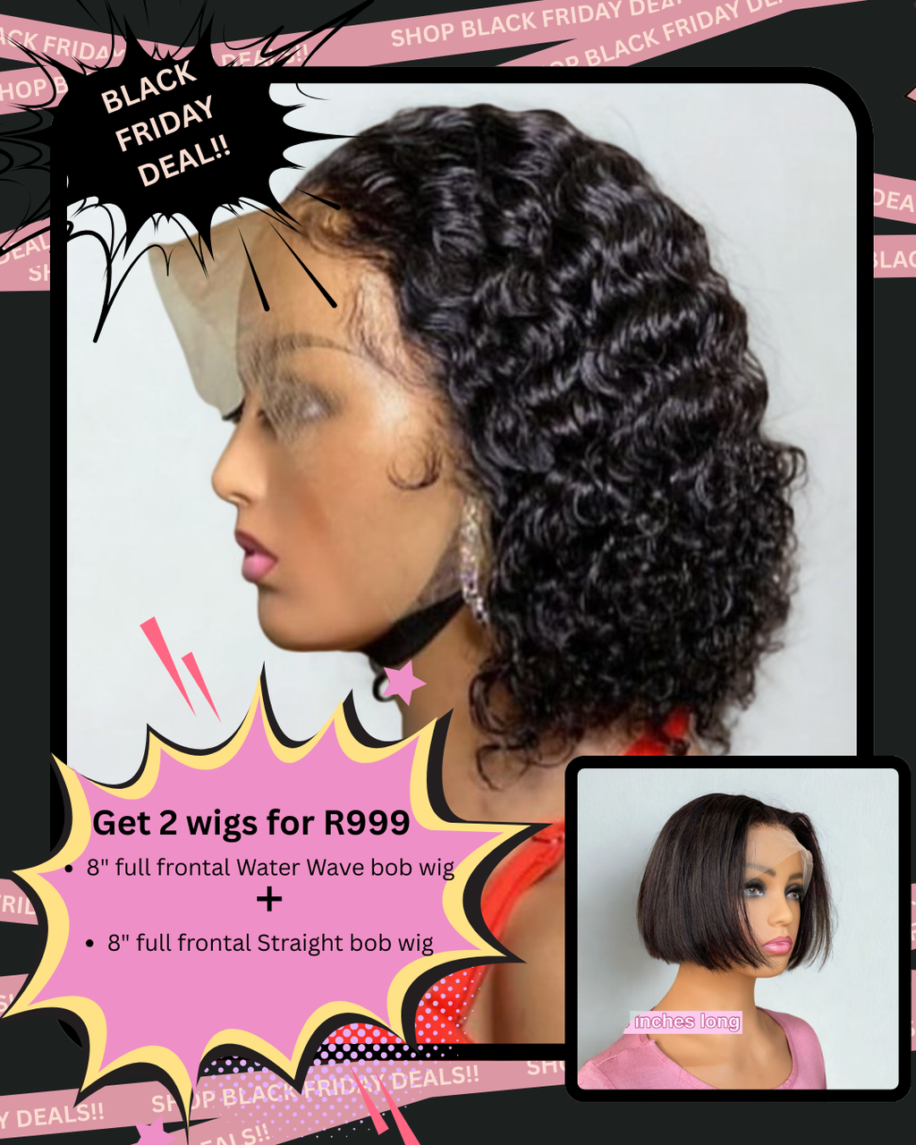 BF- 8" Straight Bob wig + 8" Water Wave bob wig