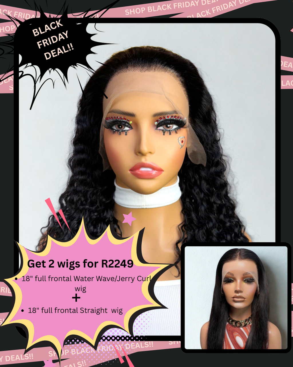 BF- 18" 13x4 Straight Wig + 18" Water Wave/ Jerry Curl wig